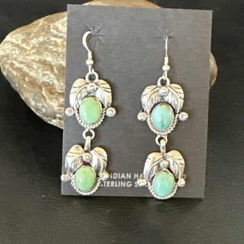 Navajo Blue Green Turquoise Dangle Earrings | Sterling Silver | 1.5" | Authentic Native American Handmade | 17386