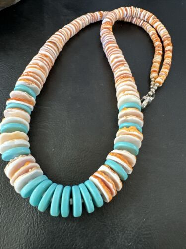 Navajo Sterling Silver Blue Turquoise & Spiny Oyster Graduated Necklace | Authentic Native American | 23" | 16902