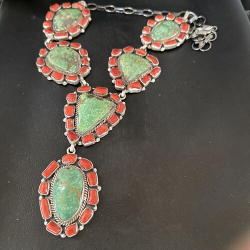 Navajo Green Turquoise and Coral Lariat Necklace Pendant | 23" | Authentic Native American Handmade | 16191