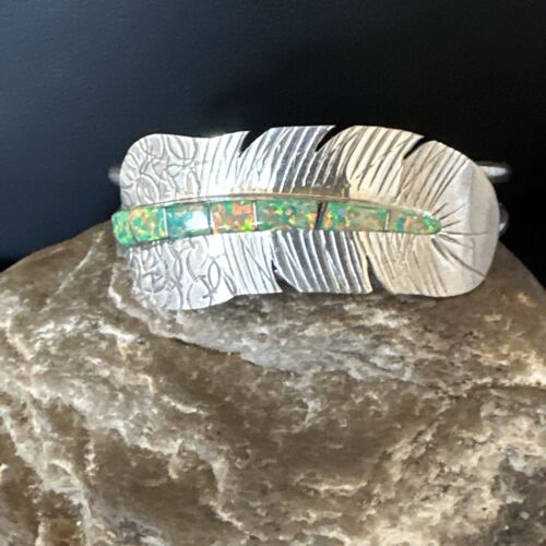 Navajo Green Fire Opal Inlay Bracelet | Sterling Silver | 7" | Authentic Native American Handmade | 15071