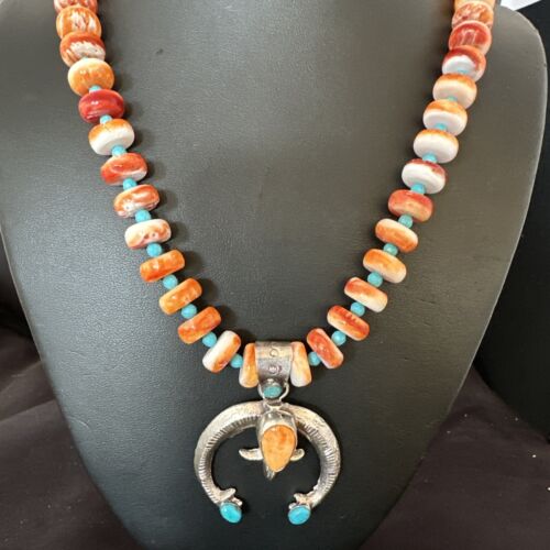 Navajo Blue Turquoise Spiny Oyster Naja Pendant Necklace | Sterling Silver | Authentic Native American Handmade | 16262