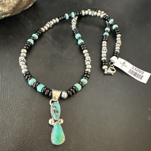 Navajo Men's Blue Turquoise Pendant with Pearls | Sterling Silver Onyx Necklace | Native American Handmade | 13203