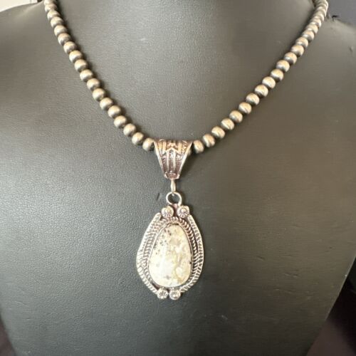 Navajo White Buffalo Turquoise Pendant Necklace | Sterling Silver | Authentic Native American Handmade | 17512