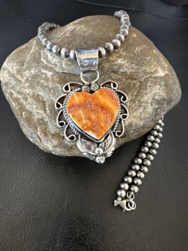 Navajo Orange Spiny Oyster Heart Pendant Necklace | Sterling Silver | Authentic Native American Handmade | 16418
