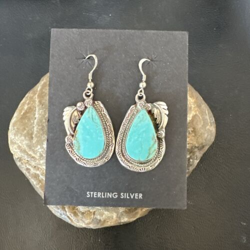 Navajo Blue Kingman Turquoise Dangle Earrings | Sterling Silver | Authentic Native American Handmade | 17373