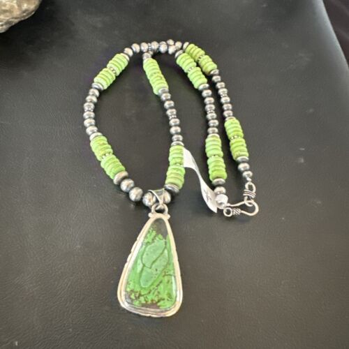 Navajo Green Gaspeite Pendant Necklace | Sterling Silver | Authentic Native American Handmade | 10979