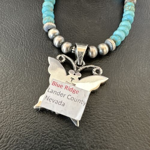 Navajo Butterfly Blue Ridge Turquoise Inlay Pendant Necklace | Sterling Silver | Authentic Native American Handmade | 16642