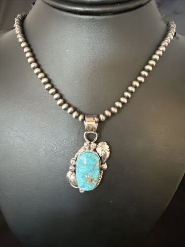 Navajo Kingman Turquoise Pendant Necklace | Sterling Silver | Native American Handmade | 15211