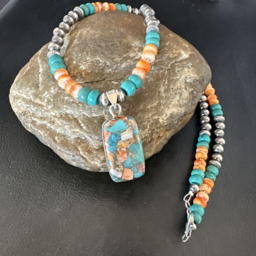 Navajo Spiny Turquoise Pendant Necklace | Sterling Silver | 21" | Authentic Native American Handmade | 17515