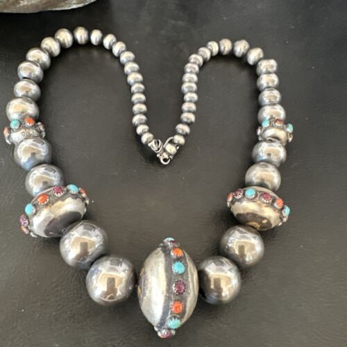 Turquoise Spiny Oyster Navajo Pearl Graduated Sterling Silver Necklace | 21" | 16618