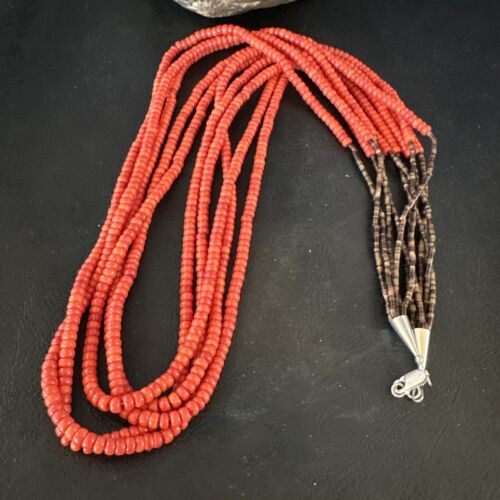 Navajo Red Spiny Oyster Shell Necklace | 5 Strand | Sterling Silver | 26" | Authentic Native American Handmade | 15530