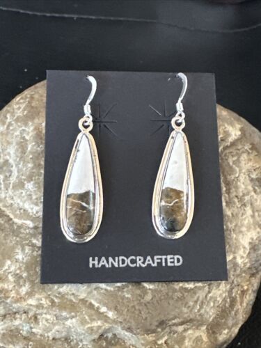 Navajo White Buffalo Turquoise Dangle Earrings | Sterling Silver | Authentic Native American Handmade | 16521