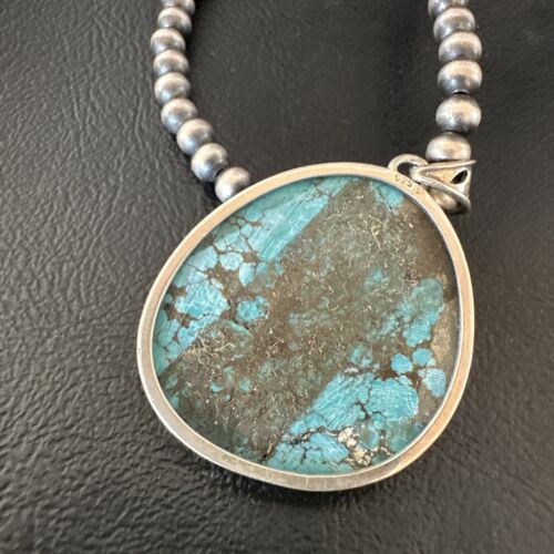 Men's Navajo Blue Spiderweb Turquoise Pendant Necklace | Sterling Silver | Authentic Native American Handmade | 16228