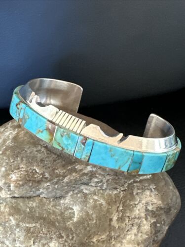 Navajo Blue Turquoise #8 Cuff Bracelet | Sterling Silver | Authentic Native American Handmade | 16899