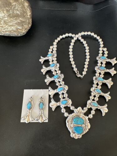 Kingman Turquoise Navajo Squash Blossom Necklace & Earrings | Sterling Silver | Native American Handmade | 16543