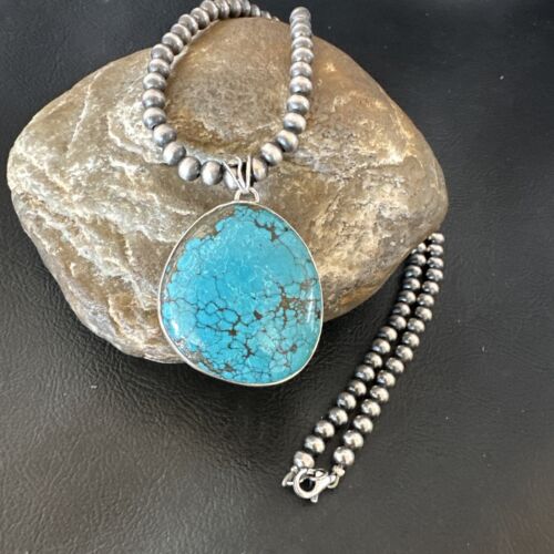 Men's Navajo Blue Spiderweb Turquoise Pendant Necklace | Sterling Silver | Authentic Native American Handmade | 16228