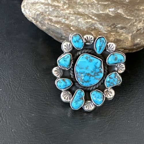 Navajo Kingman Turquoise Cluster Ring | Authentic Native American Sterling Silver | Multi-Stone | Sz 9.5 | 17422