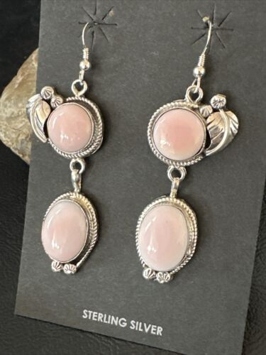 Navajo Pink Conch Shell Dangle Earrings | Sterling Silver | Authentic Native American Handmade | 17198
