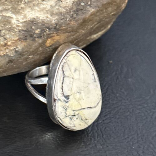 Men's Navajo White Buffalo Turquoise Ring | Sterling Silver | Sz 8.5 | Authentic Native American Handmade | 14744 - Masha USA