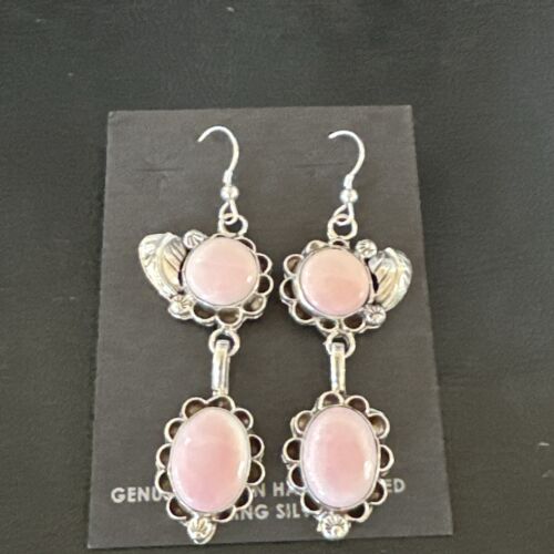 Navajo Pink Conch Shell Dangle Earrings | Sterling Silver | Authentic Native American Handmade | 17214