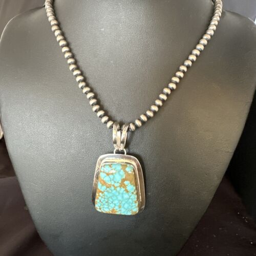 Men's Blue #8 Turquoise Pendant Necklace | Navajo Sterling Silver | Authentic Native American Handmade | 14973