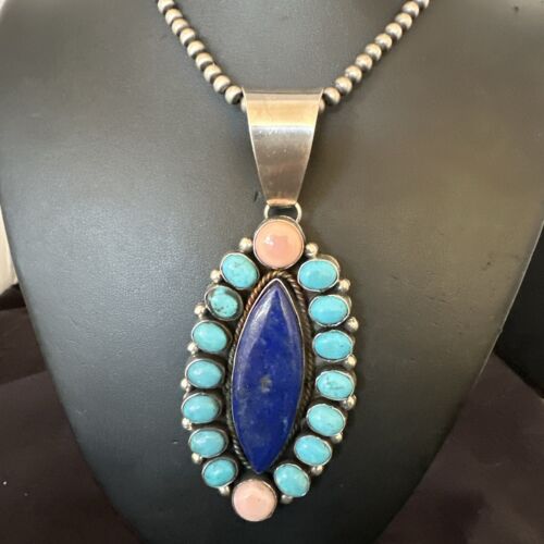 Navajo Multi-Stone Necklace | Lapis, Pink, Blue Turquoise | Sterling Silver | Authentic Native American Handmade | 17455