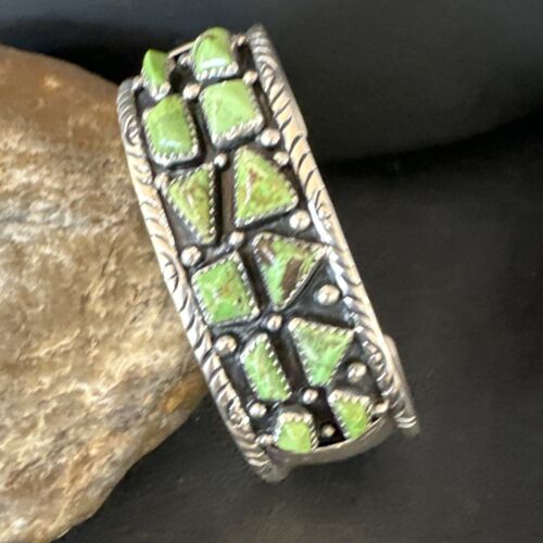 Navajo Green Gaspeite Cluster Cuff Bracelet | Sterling Silver | Authentic Native American Handmade | 16377