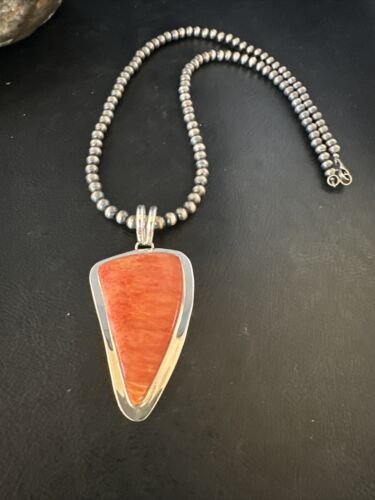 Navajo Pearls Red Spiny Oyster Necklace Pendant | Sterling Silver | Authentic Native American Handmade | 15002