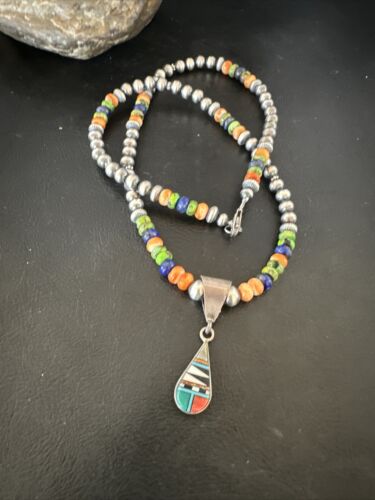 Navajo Spiny Oyster Turquoise Lapis Inlay Pendant Necklace | Sterling Silver | 21" | Authentic Native American Handmade | 16631