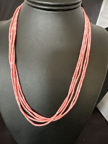 Pink Conch Tube Heishi Bead | 5 Strand Navajo Sterling Silver Necklace | 19" | 16545