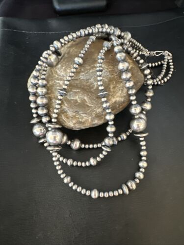 Navajo Pearls Mixed Bead Bib Necklace | Sterling Silver | 3-Strand | 20" | Authentic Native American Handmade | 14954
