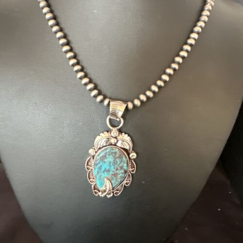 Navajo Blue Turquoise Pendant Necklace | Sterling Silver Pearls | Authentic Native American Handmade | 15643