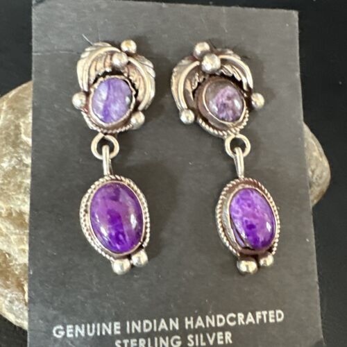 Navajo Purple Sugilite Charoite Dangle Earrings | Sterling Silver | 2" | Authentic Native American Handmade | 15258