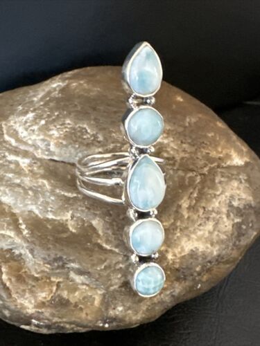 Navajo Blue Larimar Cluster Ring | Authentic Native American Sterling Silver | Multi-Stone | Sz 8 | 15979