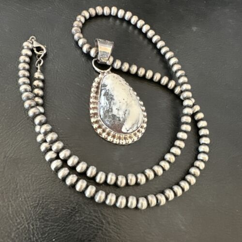 White Buffalo Turquoise Pendant | Navajo Pearls Sterling Silver Necklace | Authentic Native American Handmade | 17108