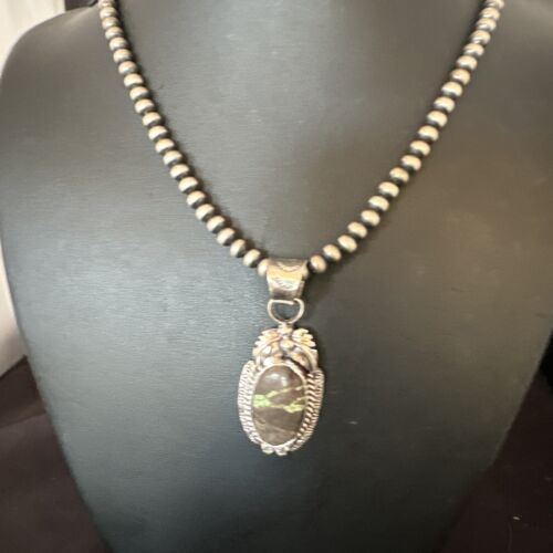 Navajo Green Boulder Turquoise Pendant Necklace | Sterling Silver | Men's Women's | 16136