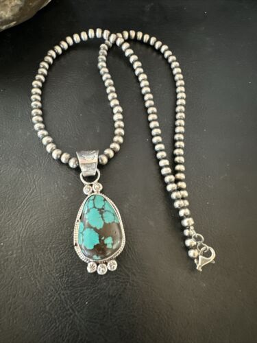 Navajo Blue Spiderweb Turquoise Pendant Necklace | Sterling Silver | Authentic Native American Handmade | 17117