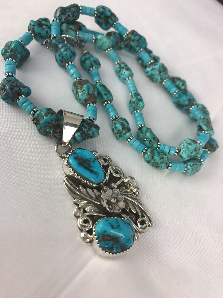 Navajo Sterling Silver Kingman Turquoise Nugget Pendant Necklace | Multi-Stone | Native American | 3126