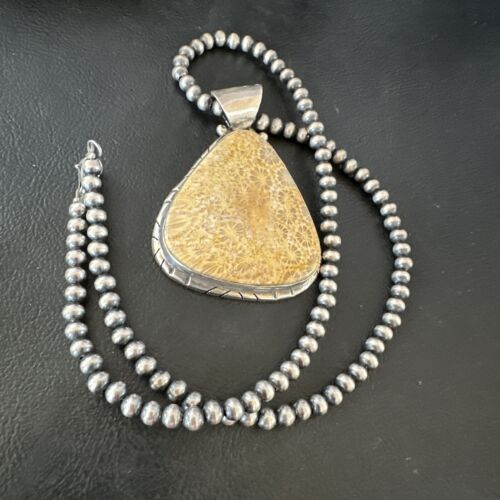 Navajo Pearls Champagne Fossil Coral Pendant Necklace | Sterling Silver Beads | Native American Handmade | 16372