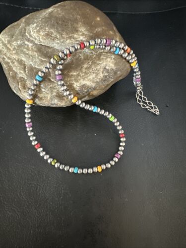 Navajo Multi-Color 4mm Sterling Silver Pearls Necklace | 24" Single Strand | Hook Eye | Authentic Native American Handmade | 94324