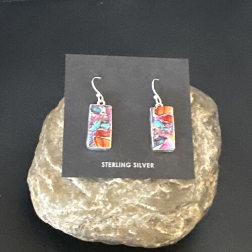Navajo Blue Turquoise & Red Spiny Oyster Inlay Dangle Earrings | Sterling Silver | Native American Handmade | 15576