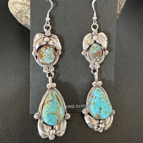 Navajo Blue Turquoise #8 Dangle Earrings | Sterling Silver | Authentic Native American Handmade | 16909
