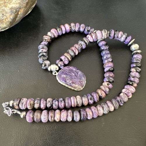 Navajo Purple Charoite Pendant with Pearls | Sterling Silver Necklace | Authentic Native American Handmade | 16337