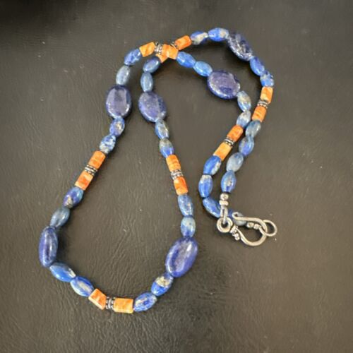 Men's Lapis & Orange Spiny Oyster Navajo Pearls Sterling Silver Necklace 18" | Handmade 17501