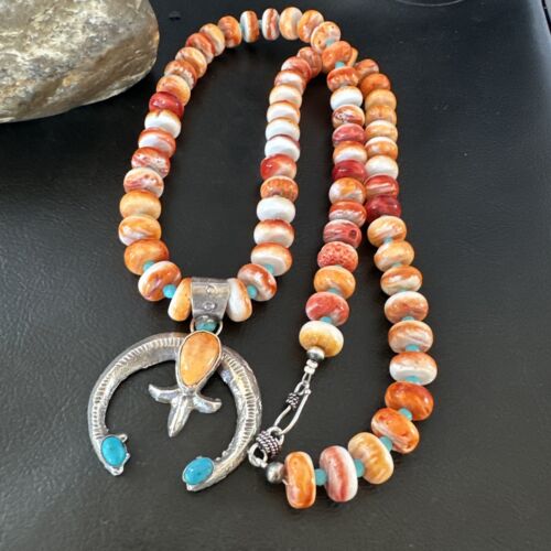 Navajo Blue Turquoise Spiny Oyster Naja Pendant Necklace | Sterling Silver | Authentic Native American Handmade | 16262