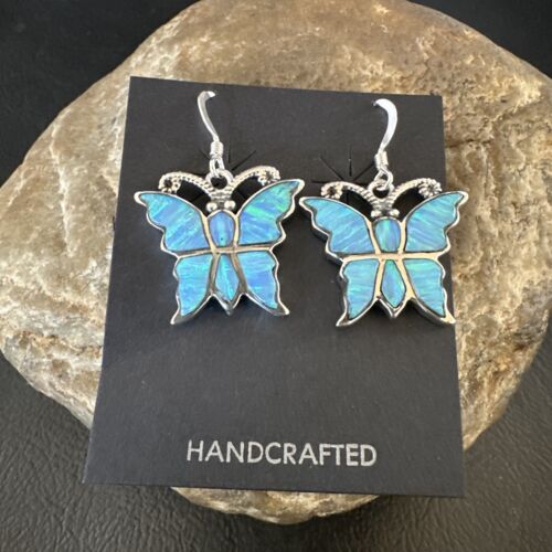 Butterfly Blue Opal Inlay Dangle Earrings | Sterling Silver | Authentic Native American Handmade | 16526