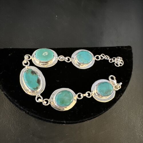 Navajo Blue Turquoise Link Bracelet | Sterling Silver | 8" | Authentic Native American Handmade | 15477