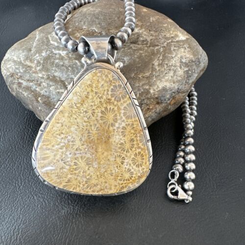 Navajo Pearls Champagne Fossil Coral Pendant Necklace | Sterling Silver Beads | Native American Handmade | 16372