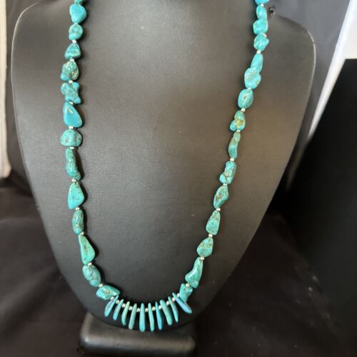 Navajo Blue Kingman Nugget Turquoise Necklace | Sterling Silver | 22" | Authentic Native American Handmade | 15534