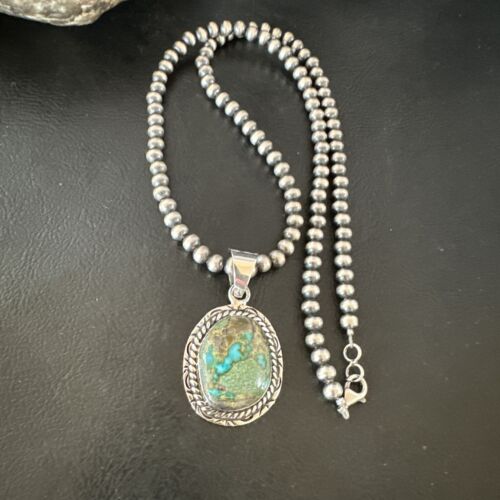 Navajo Green Gaspeite Pendant Necklace | Sterling Silver | Authentic Native American Handmade | 16363